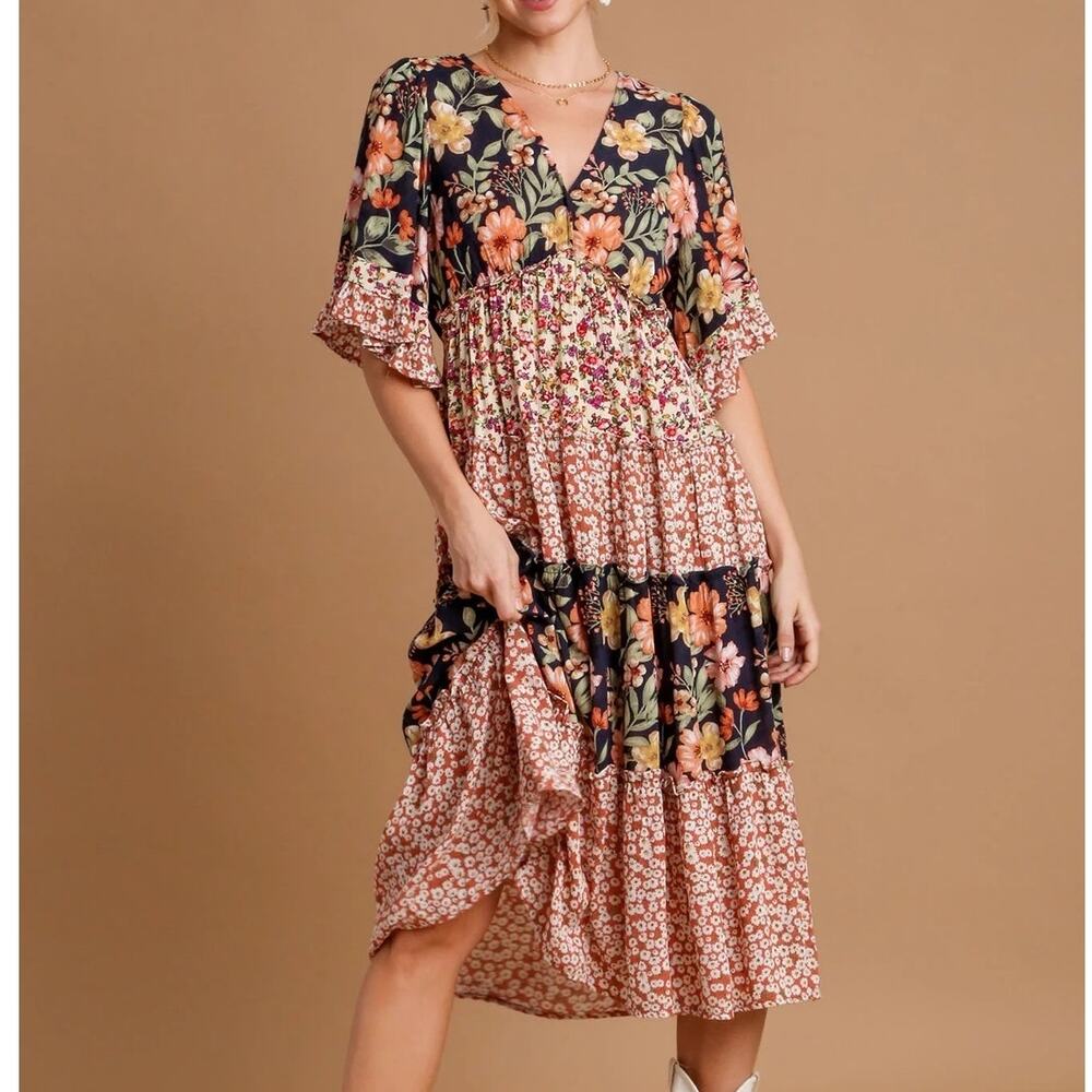 Umgee Floral Tiered Midi Dress Womens Large Flowy Mixed Prints Fall Cottagecore